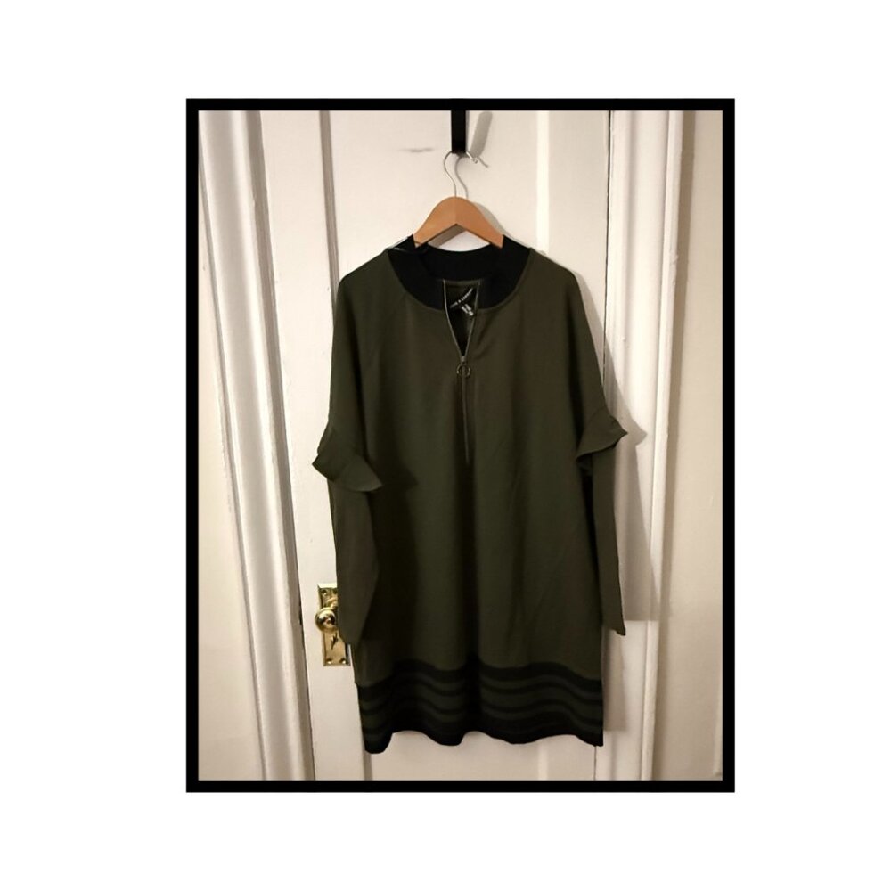 Green A Line Tunic Dress with 3/4 Zipper Front and Elastic Bottom